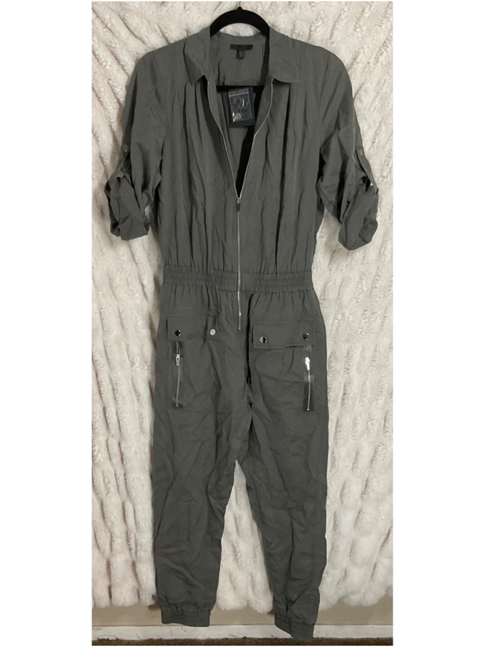 ATM Anthony Thomas Melillo Olive Drab Washed Silk Long Sleeve Utility Jumpsuit